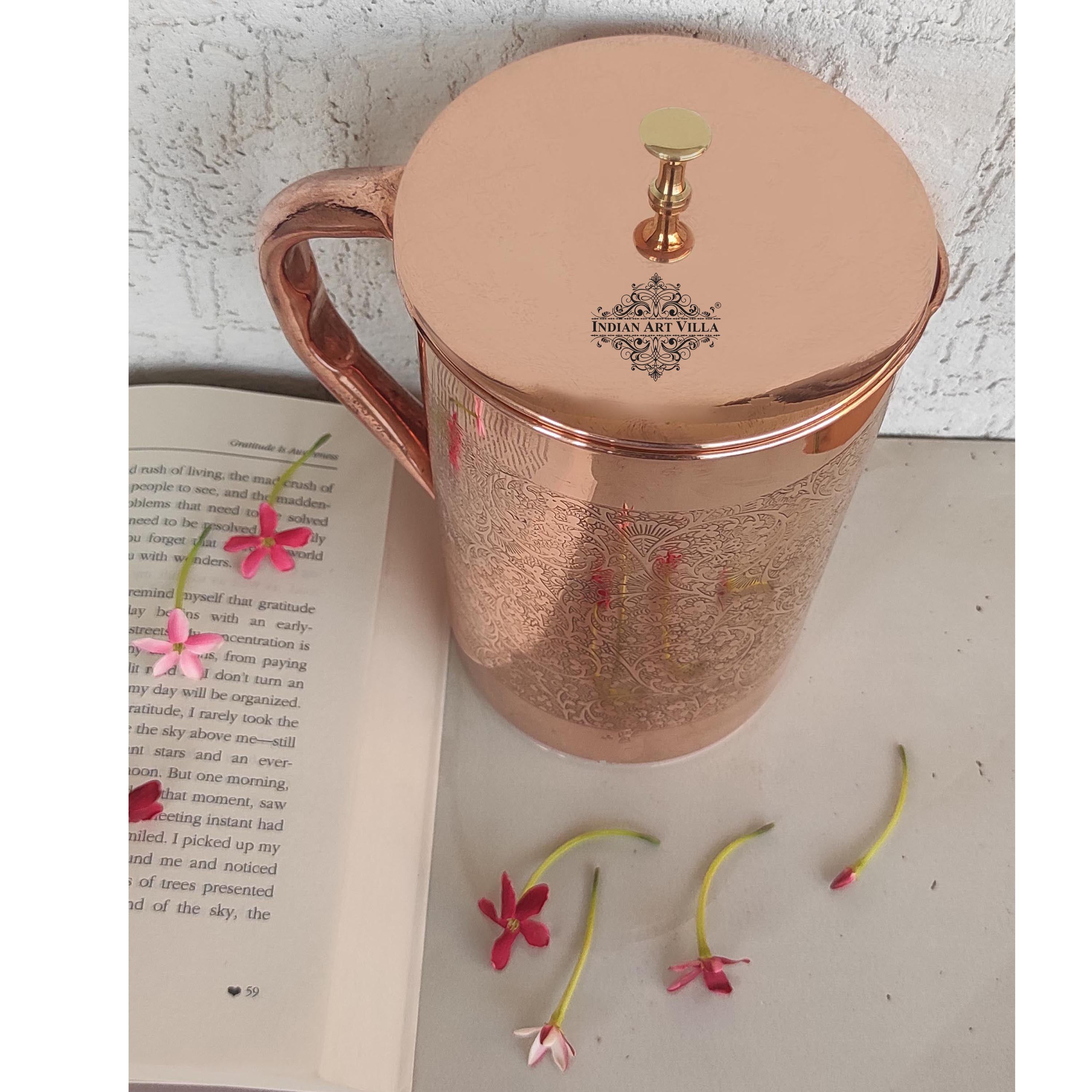 Pure copper embossed jug with brass knob on lid half embossed, 2000 ML